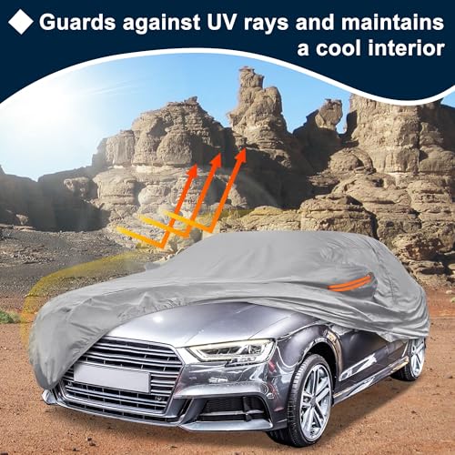 Image of Silver Tone Heavy Duty Waterproof Car Cover for Sedan 179 inch-185 inch - All-Weather UV Protected Outdoor Full Exterior Cover with Sun /Snow /Rain Resistance