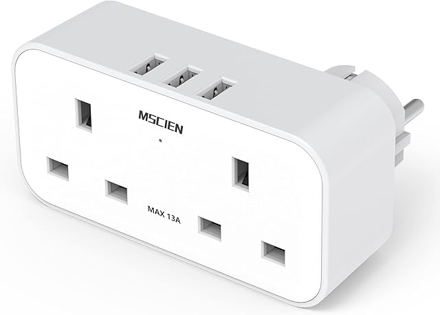 UK to European Plug Adapter With 3 USB Ports, Mscien Grounded Europe Travel Adapter, Dual 2 Pin Socket at The Bottom, Double Plug Adaptor UK to EU Euro For Germany France Spain and More (Type E/F)