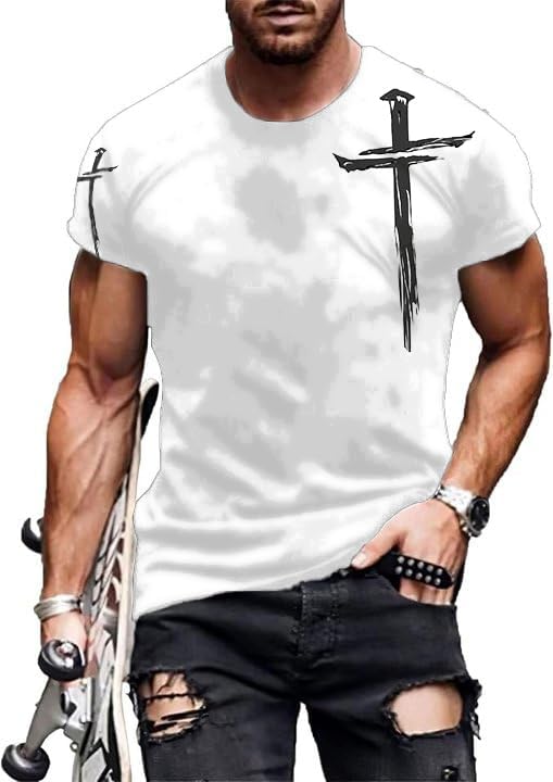 Mens T-Shirts Jesus Cross Faith Vintage Oil Painting Casual Short Sleeve T-Shirts S...