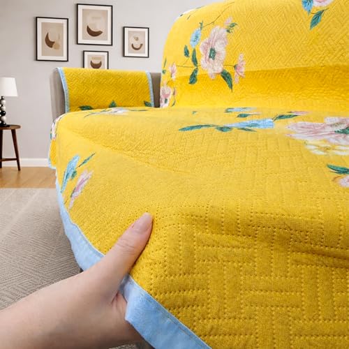 Image of Homerz Premium 2 Seater Quilted Reversible Sofa Cover Mat with Pocket Arms | Polyester Blend 350 GSM Full Coverage & Back Belt for Stability | Washable Furniture Protector (Solara, 2 Seater)