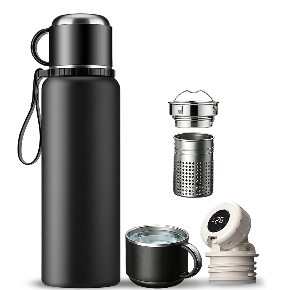Thermosflasche 0.6L Isolierkanne mit LED-Temperaturanzeige, Vakuum Isolierbecher Trinkflasche aus 316 Edelstahl Große Thermosflaschen mit Teesieb & Tasse Auslaufsicher, BPA-Frei für Home Büro Reise