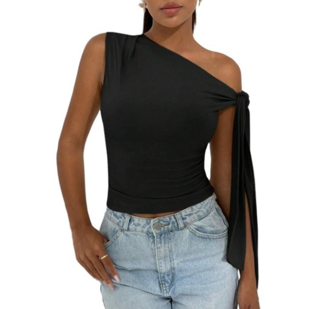 Canotte Eleganti Per Le Donne Moda Asimmetrico Collo Fluido Nastro Camicie Senza Maniche