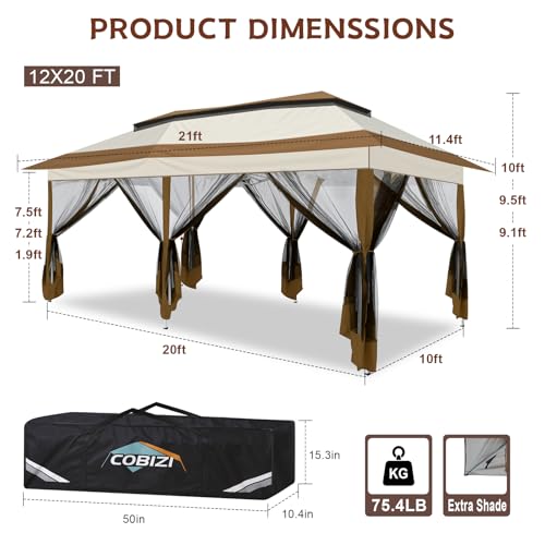 Image of COBIZI 12x20 Pop up Canopy Tent - Gazebo, Party Tents for Parties, Carpas para Fiestas, Large Outdoor Popup Patio Screened Gazebos, Shelter Tents with Net for Backyard, Commercial,Brown