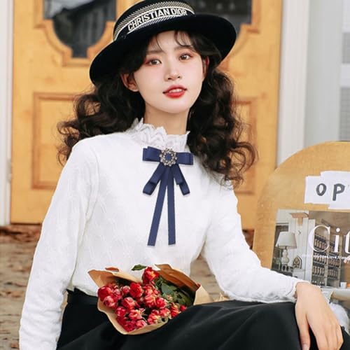 Image of Lace Ribbon Bow Tie Brooch Rhinestone Pearl Necktie for Girl Women Fashion jabot collar brooch pins Pre-Tied Corsage