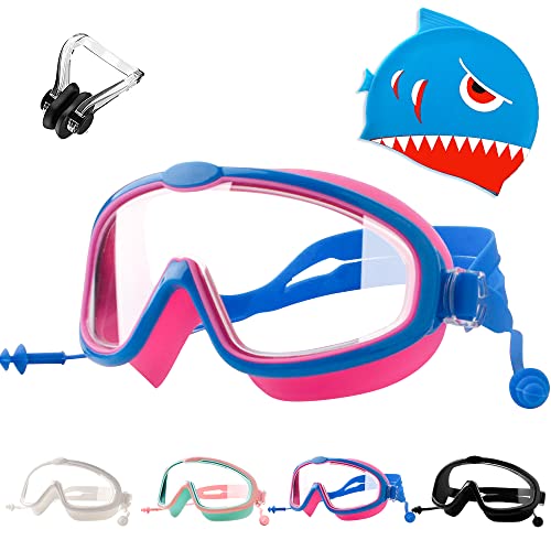 Tyuodna Kids Swimming Goggles with Nose Clips and Ear Plugs, Anti-Fog, Waterproof, UV Protection (Blue-Red)