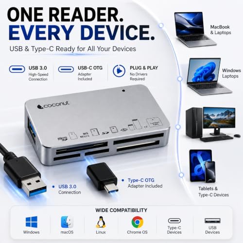 Image of Coconut CR11 USB 3.0 Card Reader with Type C 3.1 OTG, 6 in 1 Memory Card Adapter Compact Flash CF, TF, SD, MicroSD, SDHC, SDXC, MS Upto 10 Gbps Speed for Windows & Mac, PC Laptop Mobile - Silver
