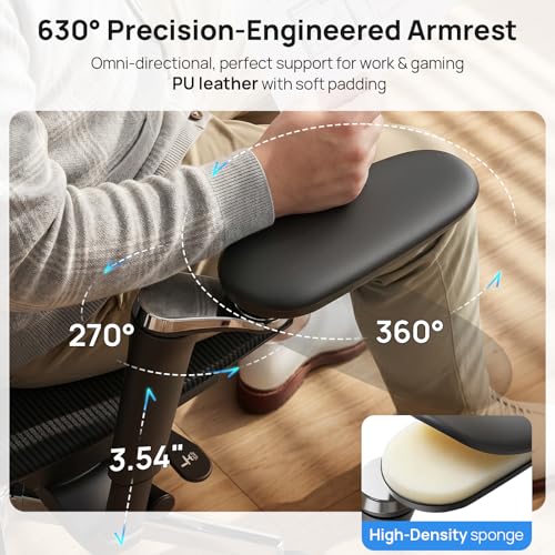 Image of Ergonomic Mesh Office Chair - 10 Hours Comfort, 3D Lumbar Support, 330 LBS | 630 Armrests, 3D Headrest, Seat Depth Adjustable, 90-125 Tilt & Lock, BIFMA, Breathable for Home Office Long Work