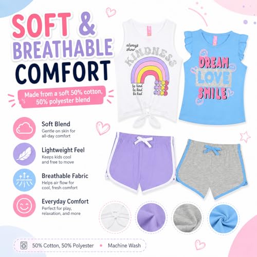 Image of Dreamstar Girls 4 Piece Outfit Set - Sleeveless Graphic Top with Dolphin Shorts, Cute Summer Matching Set for Kids and Tweens