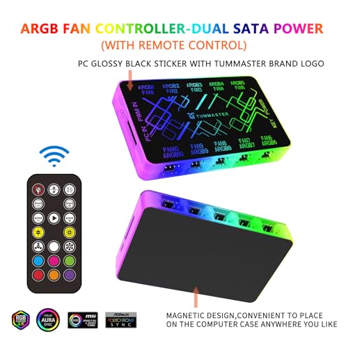 Image of ARGB Fan HUB, 9 /10 Port 4 Pin PC Fan Controller, 5V-3Pin LED Hub, Magnetic Suction, SATA Power Input,RF Remote & Chassis Key Control,Controller Support ARGB PWM Fans Splitter (J-10 Pro)