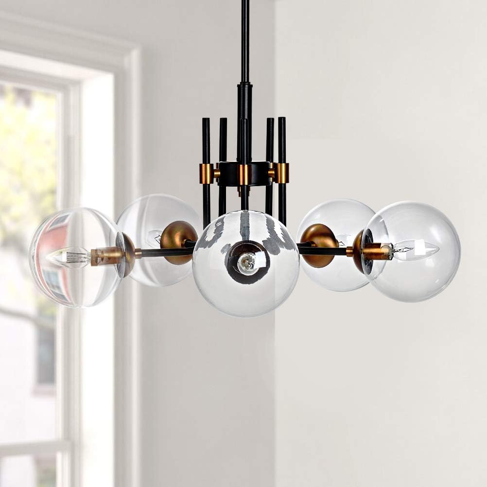 Lіmіtеd Dіѕсоunt MOTINI 5 Light Sputnik Chandelier with Clear Glass 5LT Modern Pendant Geometric Light Rod Hanging Lighting Indoor 27x 27x11, Black/Brushed Brass