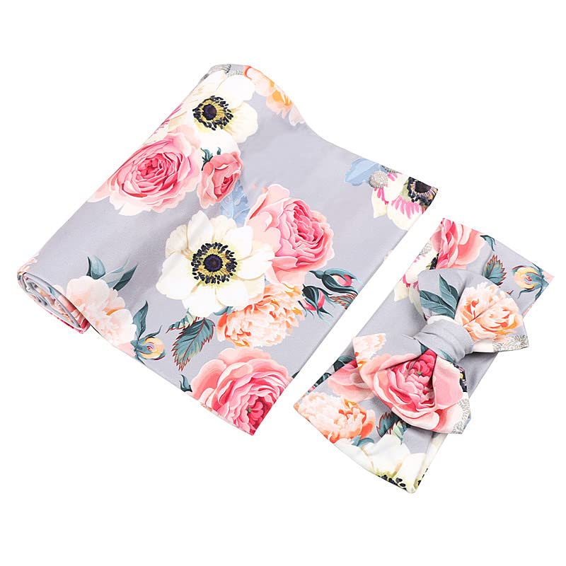 Image of Galabloomer Receiving Blanket Headband Set Flower Print Baby Swaddle Receiving Blankets
