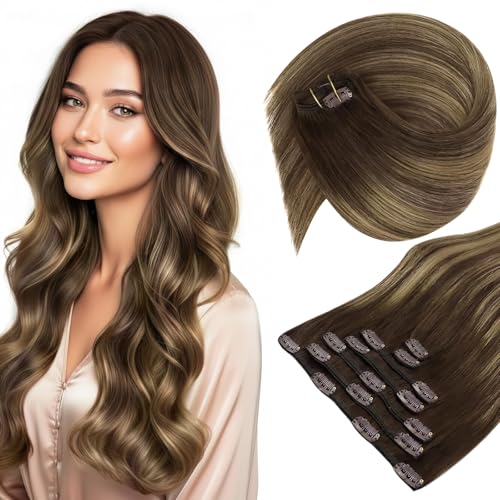 Image of Sunny Hair Clip in Hair Extensions Real Human Hair Balayage Caramel Blonde | Clip on Hair Extensions Brown Balayage Caramel Blonde with Natural Feel, Temporary Length and Easy to Wear 14 Inch 105g