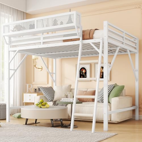 KEIKI Full Size Metal Loft Bed Frame with Ladder and Built-in Storage Shelves, for Teens, Modern Style Loft Bed with Solid Slats, Guardrail, No Box Spring Required, Easy Assembly, for Bedroom, White