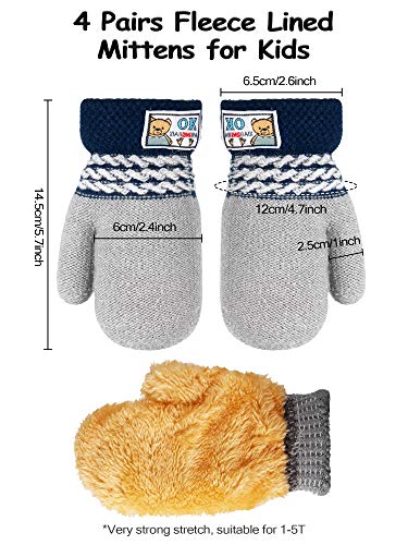 SATINIOR 4 Pairs Fleece Toddler Mittens with String 1-3 Years Fleece Baby Mittens Winter Lining Infant Gloves Warm Thermal Gloves for Baby Kid Toddler3