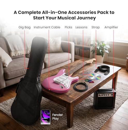 Image of Fender Squier Stratocaster - Flash Pink Bundle with Amplifier, Gig Bag, Instrument Cable, Strap, Picks, and Austin Bazaar Instructional DVD