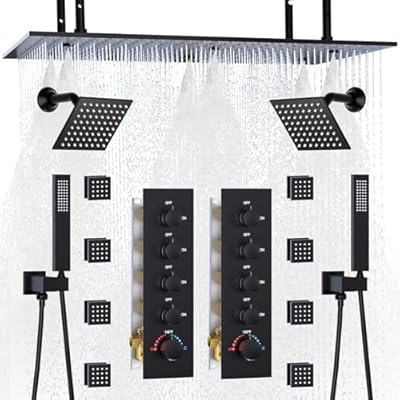 HOMEDEC Luxury Dual Shower System for Couples, 16x32" Rain 2-Function and Dual 6" Side Wall Mounted Shower Heads, with 4-Way Diverter Valves, Black