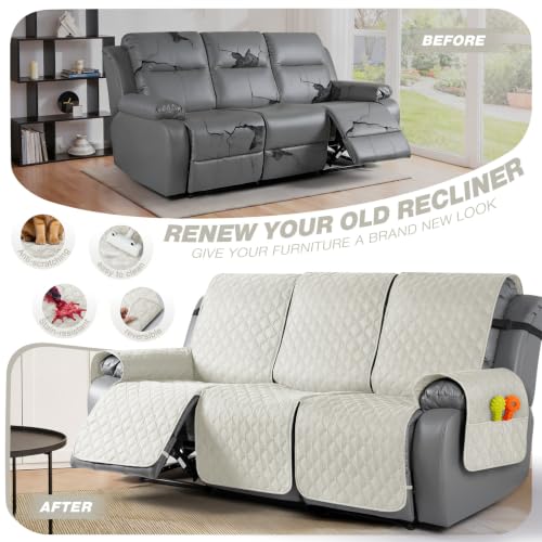 Image of TAOCOCO 100% Waterproof Recliner Covers With Leg Straps, Reversible Recliner Couch Cover For Reclining Chair, Washable Couch Protector For Pets Kids (3 Seater, Off White)