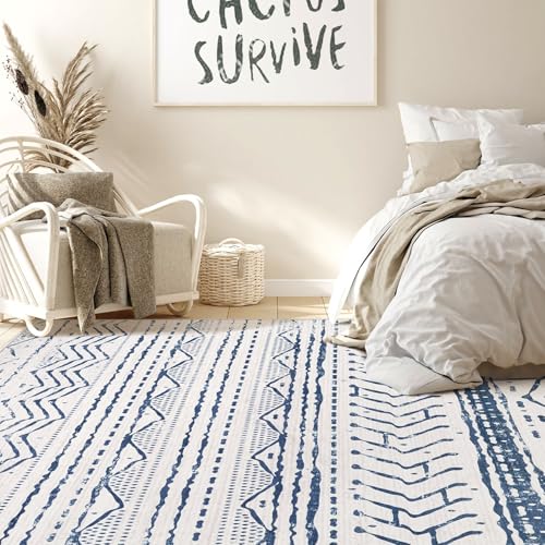 Nakagishi 5x7 Area Rug Living Room: Machine Washable Boho Large Neutral Farmhouse Stain Resistant Indoor Floor Rugs Moroccan Carpet for Bedroom Nursery Dorm Classroom Playroom Dining Room- Navy Blue