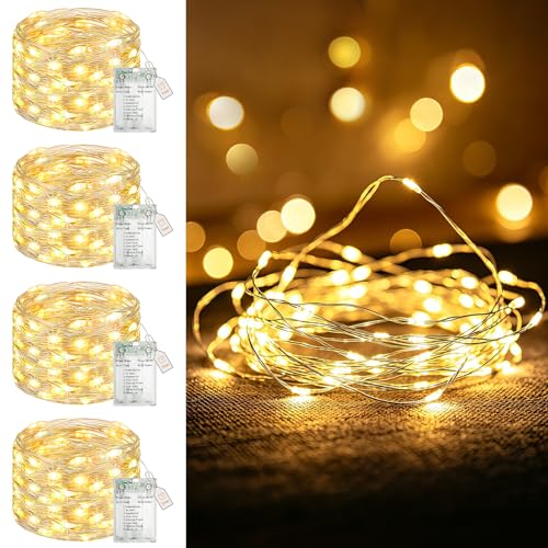 btfarm 4 Pack Fairy Lights Battery Operated with Timer, 16FT 50LED Twinkle String Lights USB Powered, 8 Mode Dimmable Cuttable Wire Light Waterproof for Indoor Bedroom Wedding Christmas, Warm White