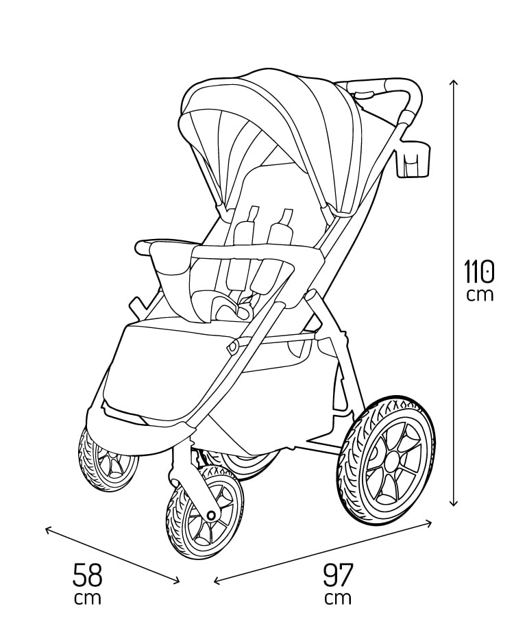 Technical drawing of the MoMi MIYA EVA stroller with key dimensions: 110 cm height, 58 cm width, 97 cm length.