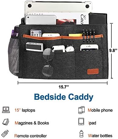 Bedside Caddy, Large Size 15.7''x9.8'' inch for Bed Storage Organizer, Bed Hanging Caddy with 8 Pockets for Laptop, Magazine, Remote Holder, using in dorm, Bed, Kids Storage Organizer Gift, Dark Gray