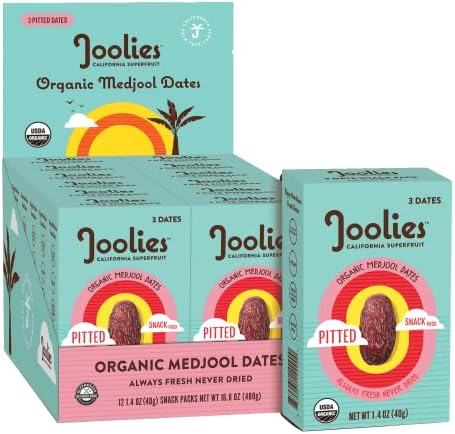 Joolies Organic Medjool Date Snack Pack | 3 Pit-Free Dates, 12 Pack | Fresh California Grown Fruit | Vegan, Gluten-Free, Paleo, No Added Sugar | Single Serve, Great for Kids, Snacking & Dessert