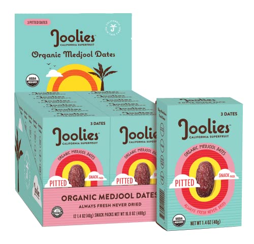 Joolies Organic Medjool Date Snack Pack | 3 Pit-Free Dates, 12 Pack | Fresh California Grown Fruit | Vegan, Gluten-Free, Paleo, No Added Sugar | Single Serve, Great for Kids, Snacking & Dessert