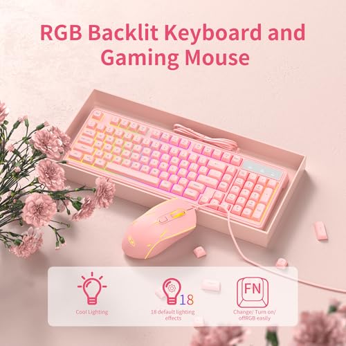 Image of MageGee GK980 Pink Gaming Keyboard and Mouse Combo, Wired Backlit Keyboard and Adjustable DPI Mouse for PC /Laptop /Mac