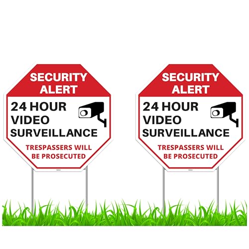2PC 24 Hour Video Surveillance Sign with Stakes, 12'x12' - Corrugated Plastic - No Trespassing Signs...