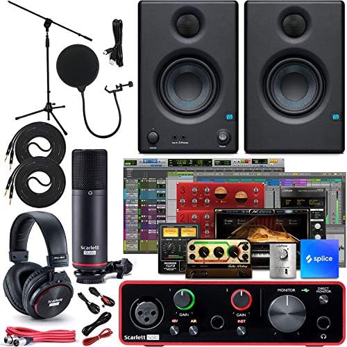 Focusrite Scarlett Solo 2×2 USB Audio Interface Full Studio Bundle with Creative Music Production Software Kit and Eris 3.5 Pair Studio Monitors and 1/4” Instrument Cables