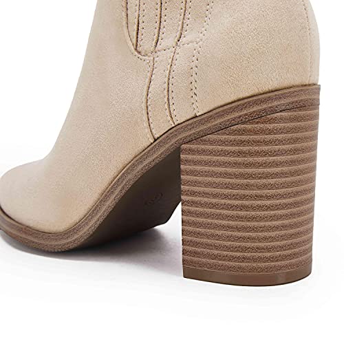 Womens Ankle Boots Slip on Pointed Toe Chunky Block Mid Heel Leather Elastic Panel Casual Chelsea Western Booties4