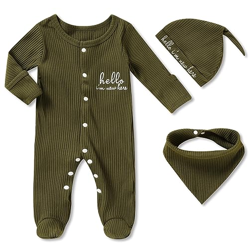 Image of ZOELNIC Newborn Infant Baby Boy Coming Homing Clothes Letter Print Button Knit Footed Romper Jumpsuit Hat Bibs 3pcs Outfit