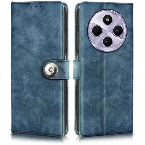 Image of Genuine Leather Finish Flip Back Cover Case for Mi Redmi A4 5G / Redmi 14C 5G / Poco C75 5G / Poco M7 5G | Inbuilt Pockets & Stand | Designer Button Magnet Flip Cover (Faux Leather (Blue)