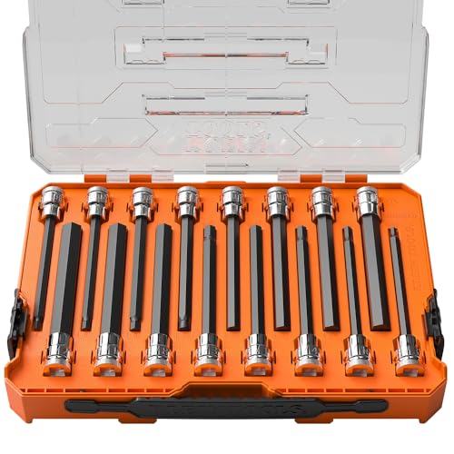 Klein Tools 652216HEXL Long Hex Bit Socket Set 16-Piece SAE and Metric Socket Set Long Hex Bits MODbox Case
