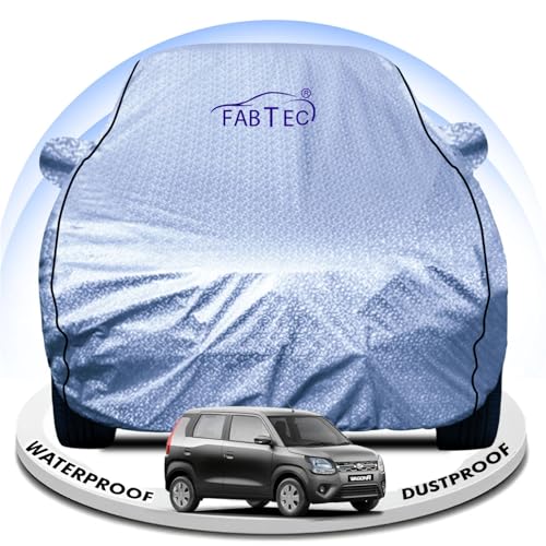 Image of FABTEC Metallic Silver Waterproof Car Body Cover for Maruti Wagon R Sun, UV and Dust Protection with Mirror Pocket (Reflective Silver with Black Piping)