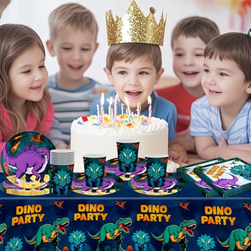 Dinosaurier Tableware Party Set, Comic Dinosaurier Thema Geschirr, Kindergeburtstag Geschirr Kit, Including Plates, Cups, Napkins, Tablecloth, Party Supplies (41PCS, 10 Guests)