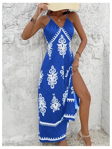 Image of Floerns Women's Boho Print V Neck Split Cami Dress Sleeveless Vacation A Line Maxi Dresses