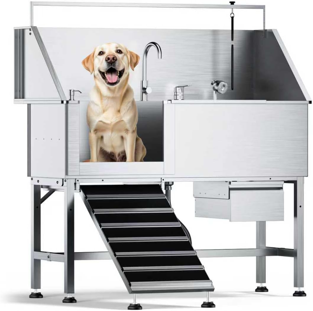56" Professional Dog Washing Station, 304 Stainless Steel Pet Grooming Tub with Removable Ramp, 1.0mm Thick Anti-Rust Bath Tub, Adjustable Height & Detachable Faucet Kit for Dogs & Cats