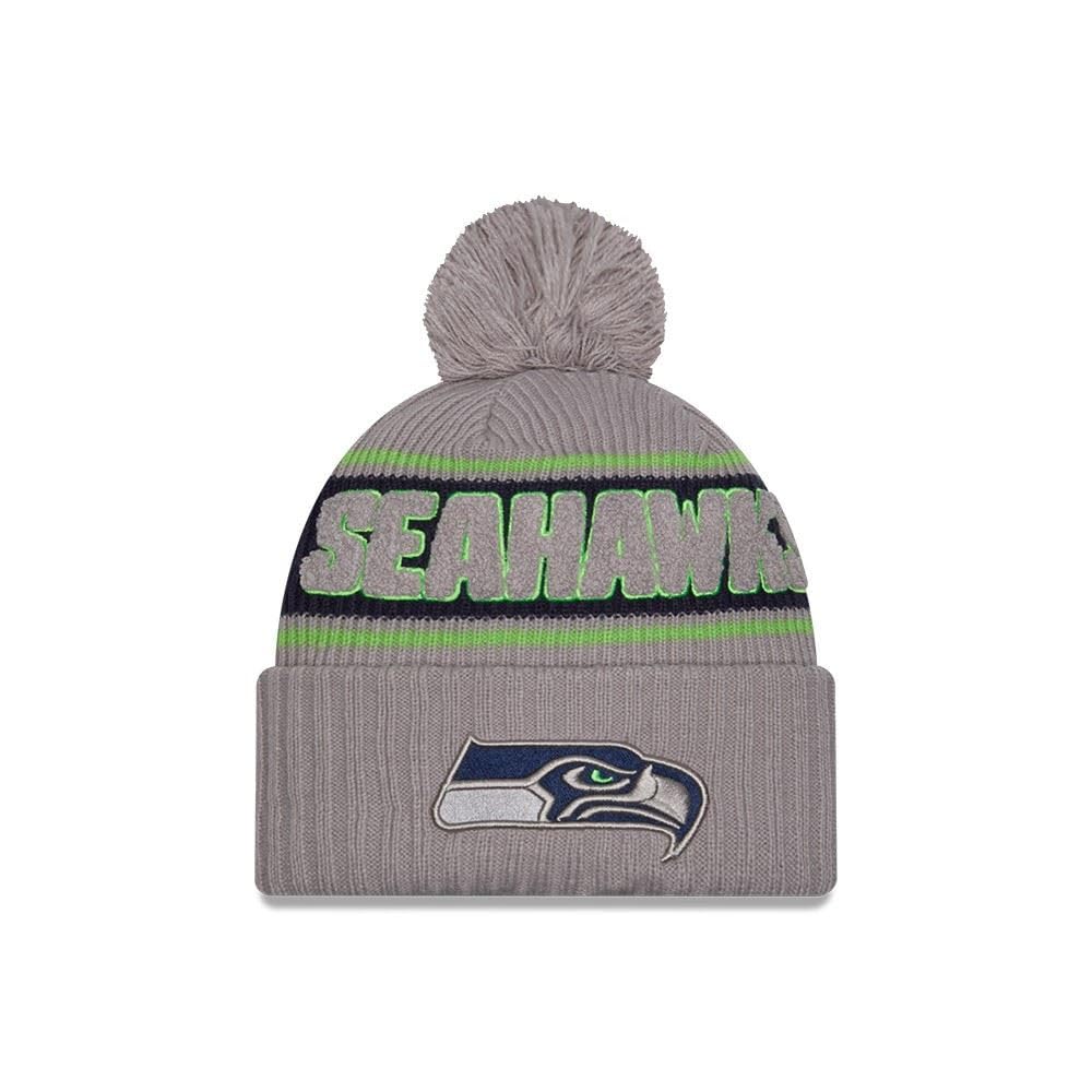 New Era NFL Gorro con pompón Sideline 2024 Fútbol Americano Logotipo del Equipo Beanie Gorro de Invierno Gris