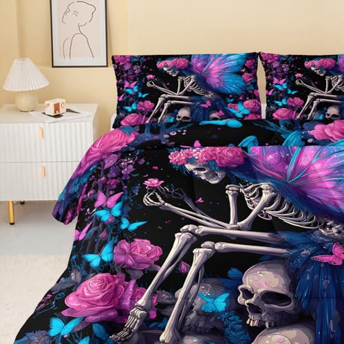 Image of QOOMO Cartoon Skull Kids Comforter Set,Blue Butterfly Bedding Set Twin Size for Boys Girls Room Decoration,Black Bed Set Microfiber Lightweight,1 Comforter 2 Pillowcases