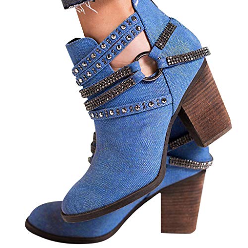 Women s Rhinestone Denim Ankle Booties Trendy Zipper Stacked Chunky Block Heels Short Boots V Cut Combat Style Western Shoes (Blue, US 7.5 CN 38)