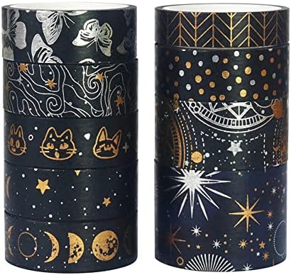Armelaudin Washi Tape Set 9 Rolls-30/20/15/10 mm Wide, Dark Night Theme, Japanese Masking (4m) Decorate Your Scrapbook, DIY, Scrapbooking Supplies, Gift Wrapping, Bullet Journal, Planners