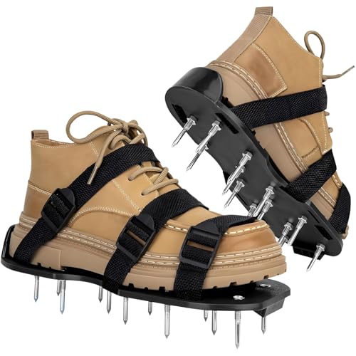 Black Lawn Aerator Shoes With 6 Adjustable Straps, Heavy Duty Spiked Garden Y...