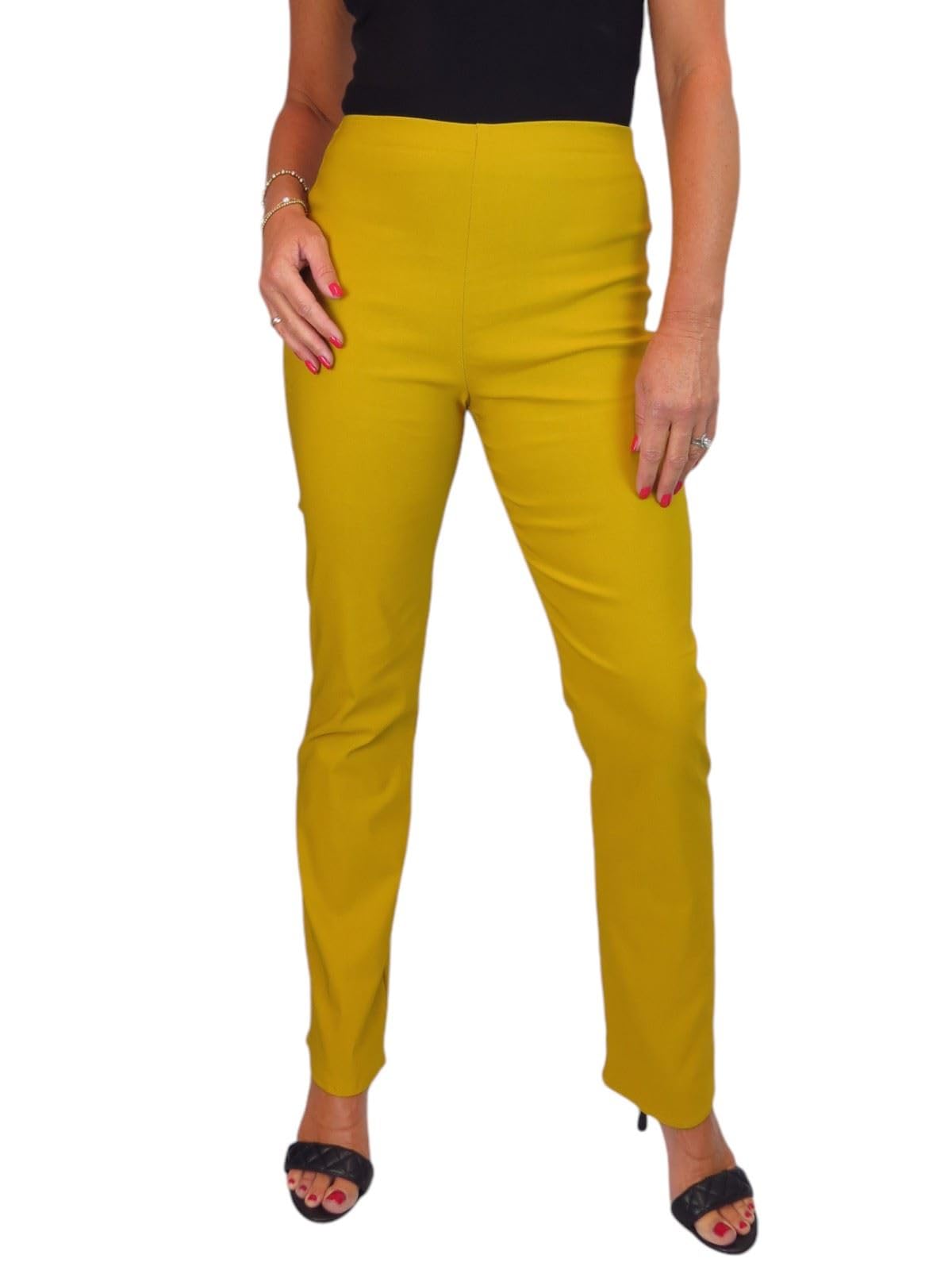 Paulo Due Women's Mustard Stretch Elastic Waist Trousers Straight Leg In Size 12