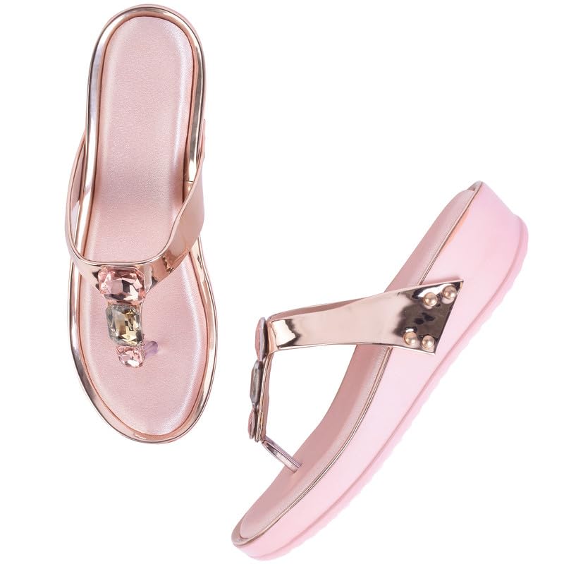Image of XE Looks Women's Fashion Wedges | Stylish & Trendy Metallic Sandals with Stone Details | Comfortable Cushioned Footbed & Lightweight Design Wedges For Girls & Women UK-7