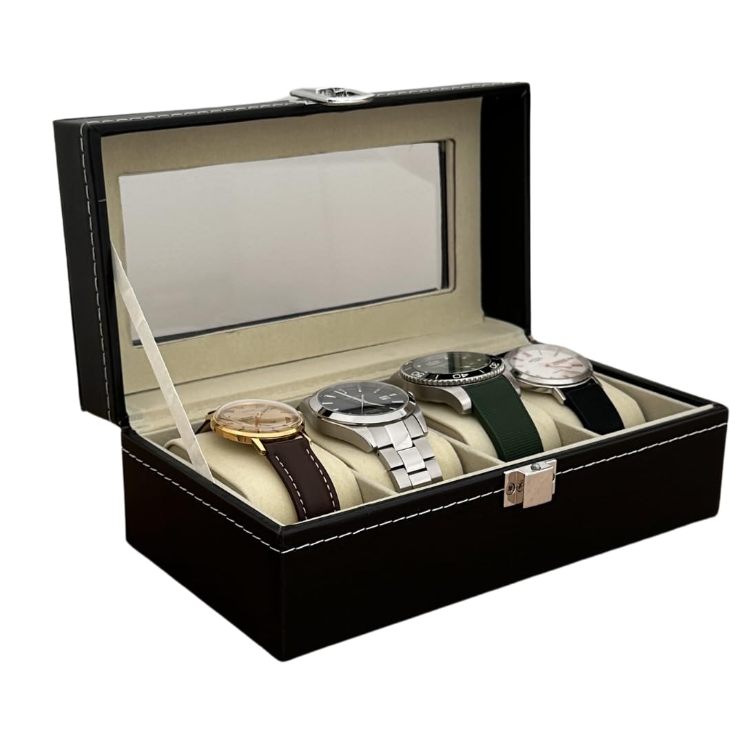 NFBCXUTKW Watch Case 4/8 Slots, Black, Metal Clasp, PU Leather, Jewellery Box, Gift Idea for Men