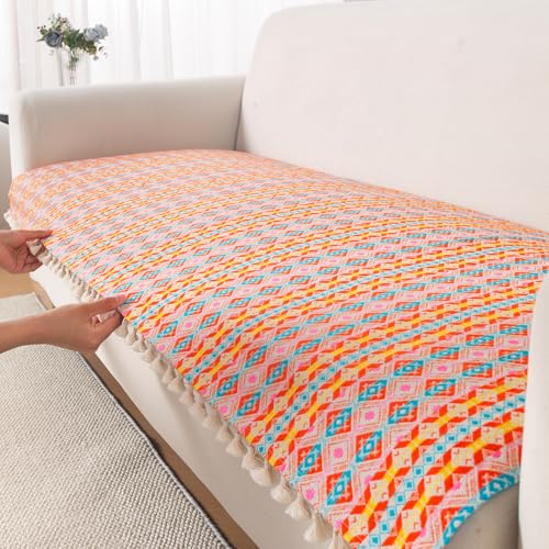 Image of HOKIPO Sofa Cover Mat with Tassel for 3 Seater Sofa | 300 GSM Thick Cotton Acrylic Jacquard Fabric,'Trivana Series' Coral Orange (IN-936-J2*S)