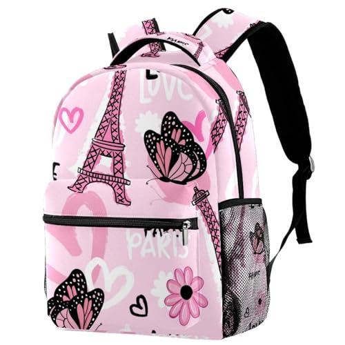 Sac à dos Tour Eiffel rose imprimé papillon fleur, style multicolore unique pour adolescents