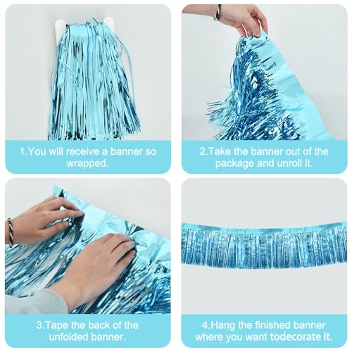 Image of BEISHIDA 3 Packs Metallic Foil Fringe Garland Baby Blue Wall Hanging Tinsel Fringe Banners for Car Floats Bridal Shower Wedding Birthday Easter Graduation Holiday Party Decoration(30 Feet)