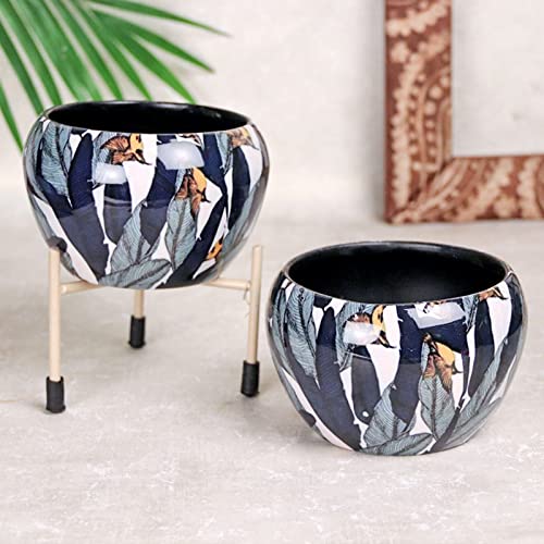 Image of FlowerAura Decorative Set of 2 Red Printed Metallic Pot Vase with Stand for Table Corner, Living Room, Bedroom, Balcony, Office /Home Decoration | Without Plant | (15x10CM)
